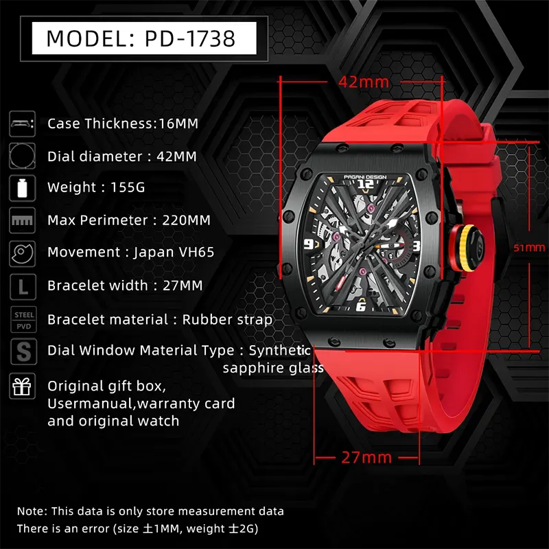 Pagani Design Black Skeleton Dial Red Strap Men's Watch-  PD-1738